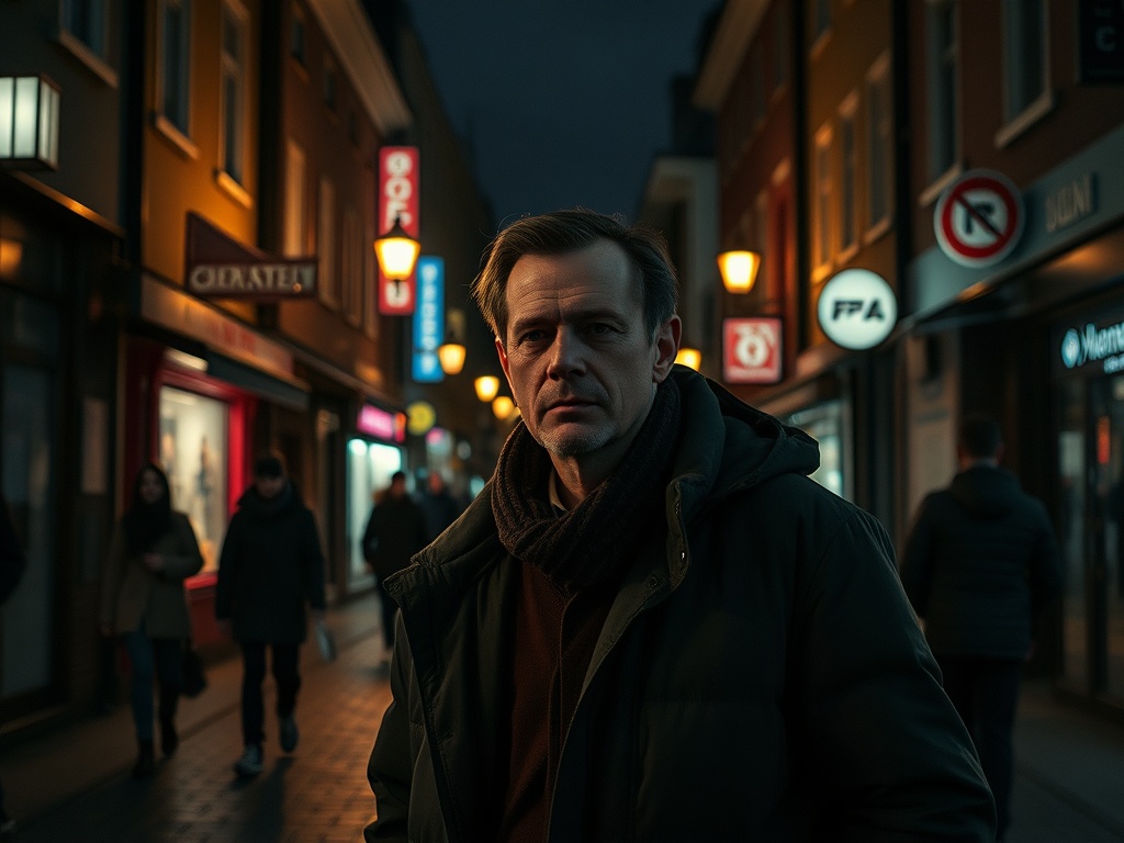 На оживленной улице в темное время суток стоит мужчина, выглядящий задумчиво на фоне ярких огней.