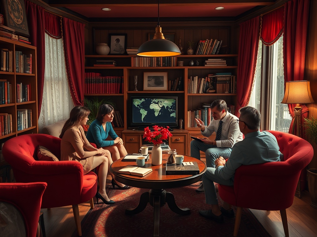 Четыре человека обсуждают что-то важное в уютной комнате с книгами и картой мира на экране.