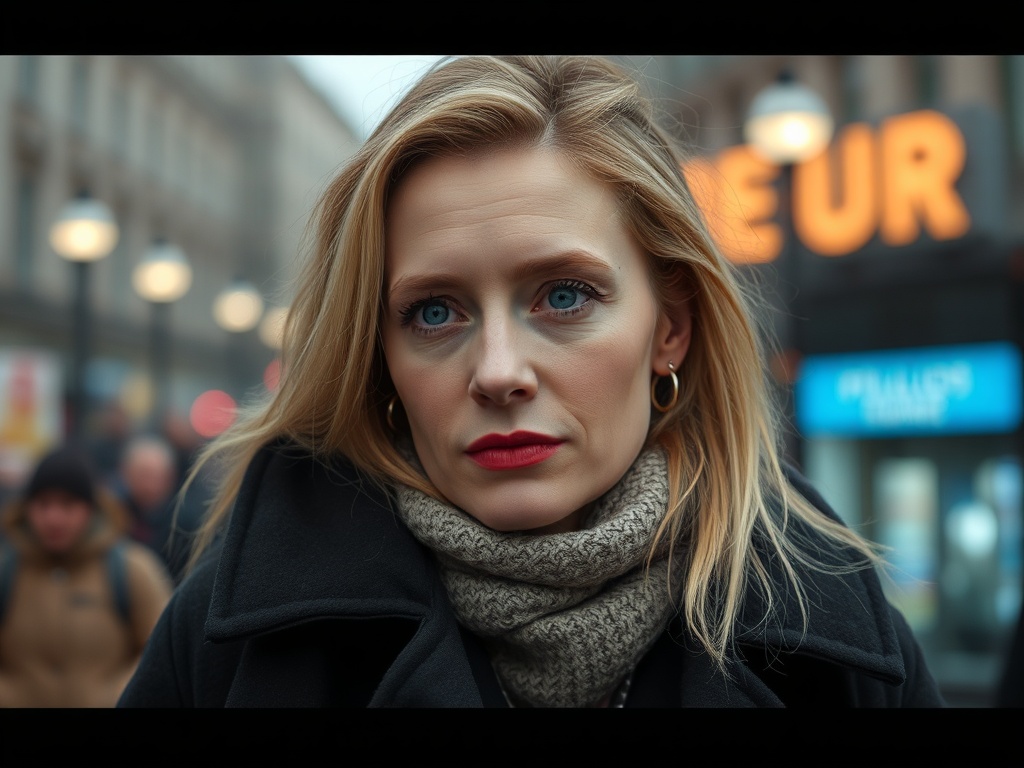 На улице женщина с длинными светлыми волосами и красной помадой, смотрит прямо в камеру. Вокруг - прохожие.