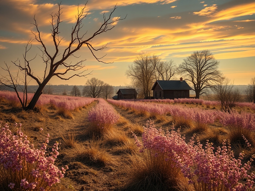 Пейзаж с домами на фоне заката, окружённый цветущими полями и сухими кустарниками.
