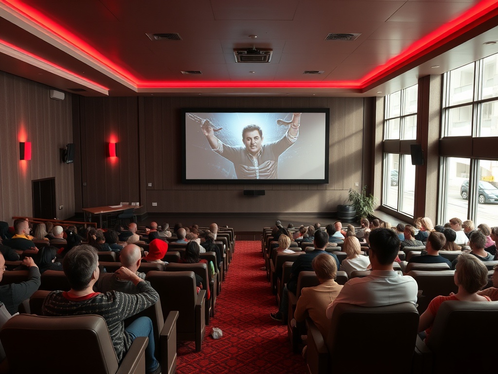 Зал кинотеатра с зрителями, смотрящими фильм на большом экране с изображением человека.