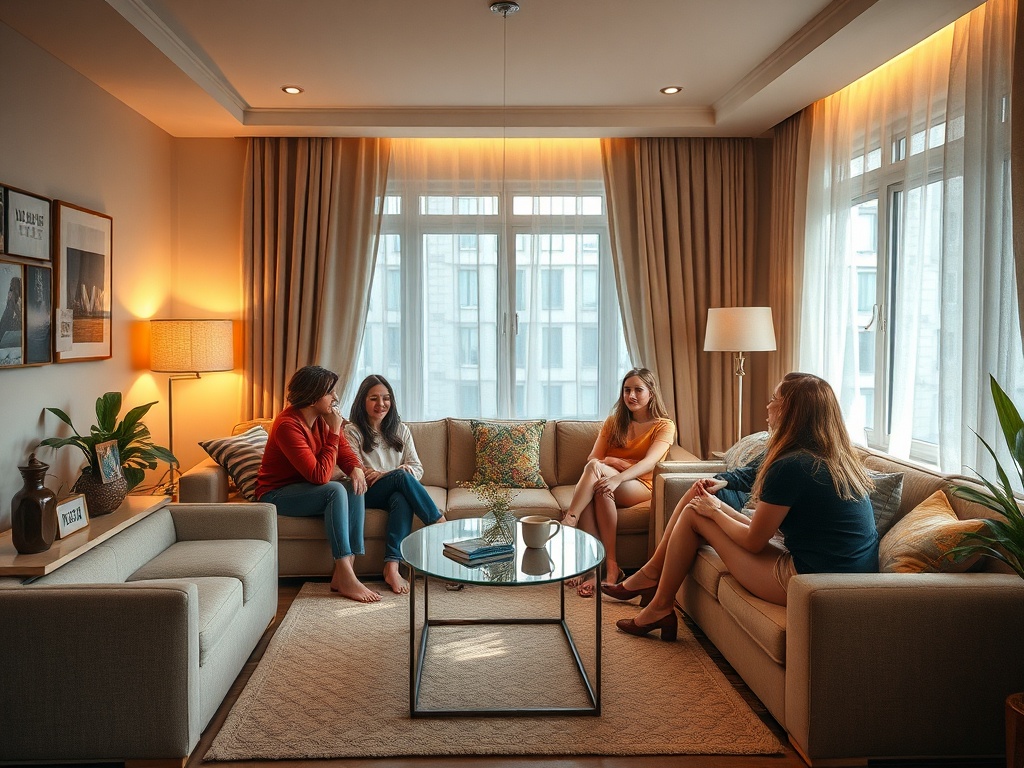 Три женщины общаются в уютной комнате с мягким освещением и стильной мебелью.