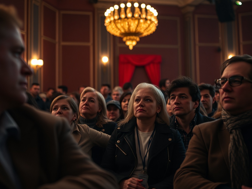 Зал, полный внимательных зрителей на мероприятии, с потолочной люстрой и красными занавесами.