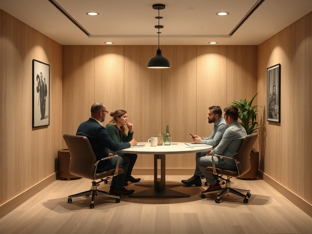 Четыре человека в деловой встрече в уютном офисе, обсуждают вопросы за круглым столом.