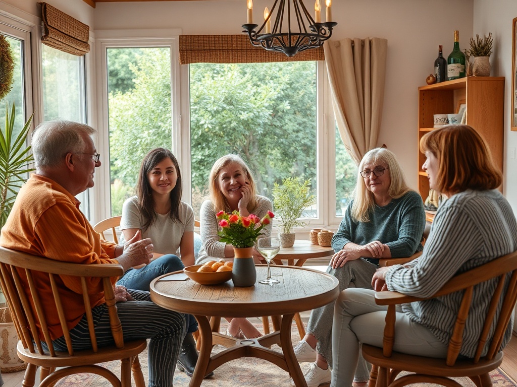 На изображении семья общается за столом, наслаждаясь временем вместе в уютной обстановке.