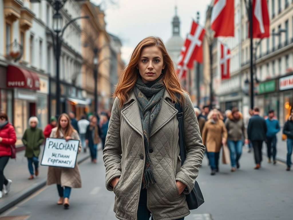 На фотографии молодая женщина в пальто на фоне оживленной улицы с людьми и флагами.