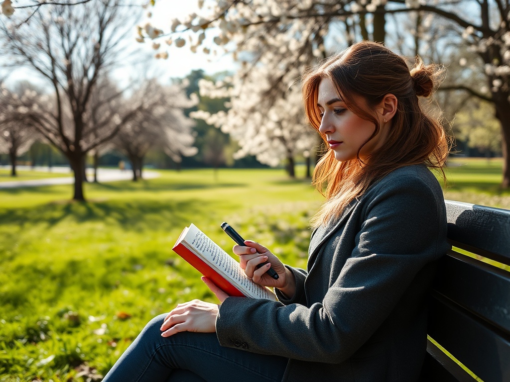 Девушка сидит на скамейке в парке, читая книгу и держа в руках ручку в окружении цветущих деревьев.