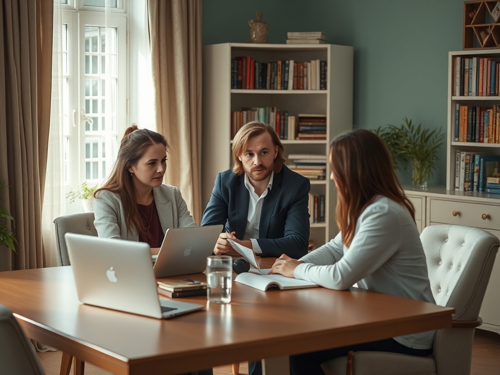 Трое людей в офисе обсуждают идеи за столом, рядом ноутбуки и книги на полках.
