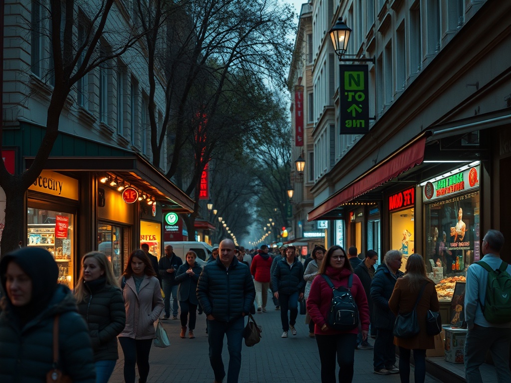 Улица с магазинами и людьми, вечер, мягкое освещение, оживленная атмосфера.