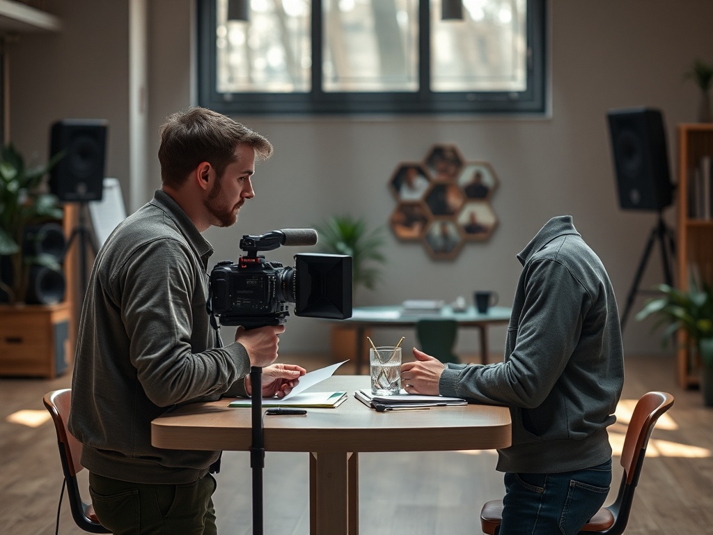 На столе сидят два человека, один из них держит камеру, у другого нет головы. Офисная обстановка.