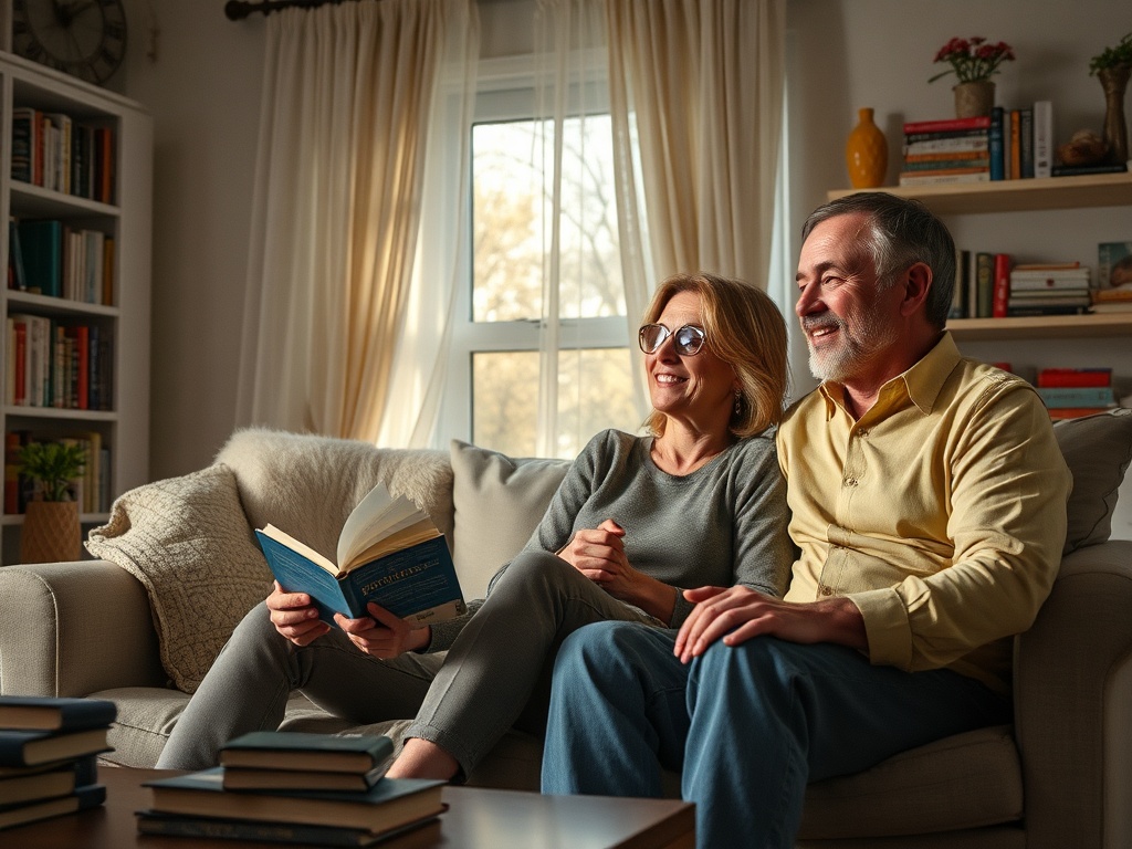 Пара сидит на диване, читая книги, улыбаясь друг другу в уютной обстановке.