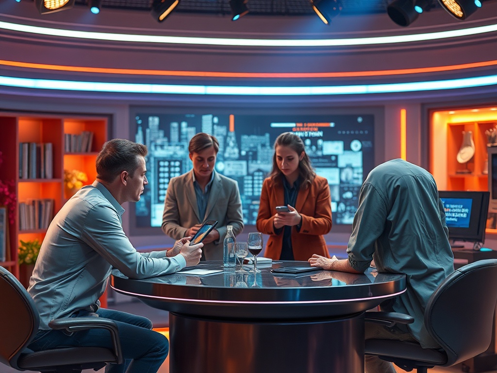 На студии четверо людей обсуждают что-то за круглым столом, работающие с гаджетами и напитками.