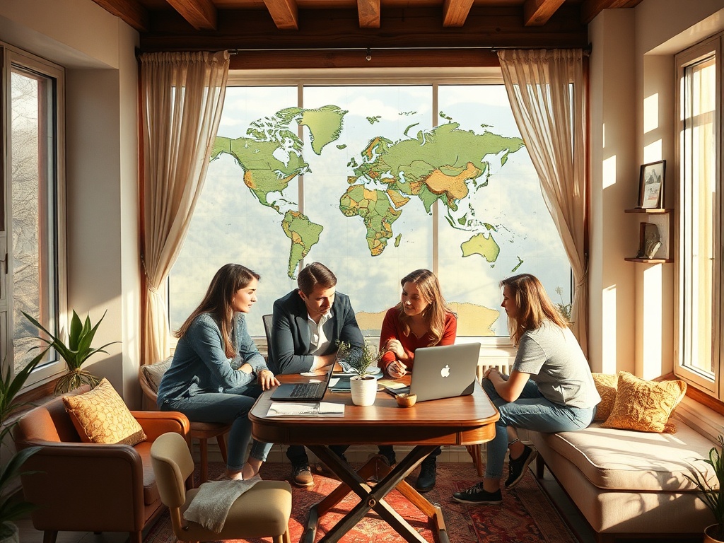 Четыре человека работают за столом в светлом помещении с панорамным окном и картой мира на фоне.