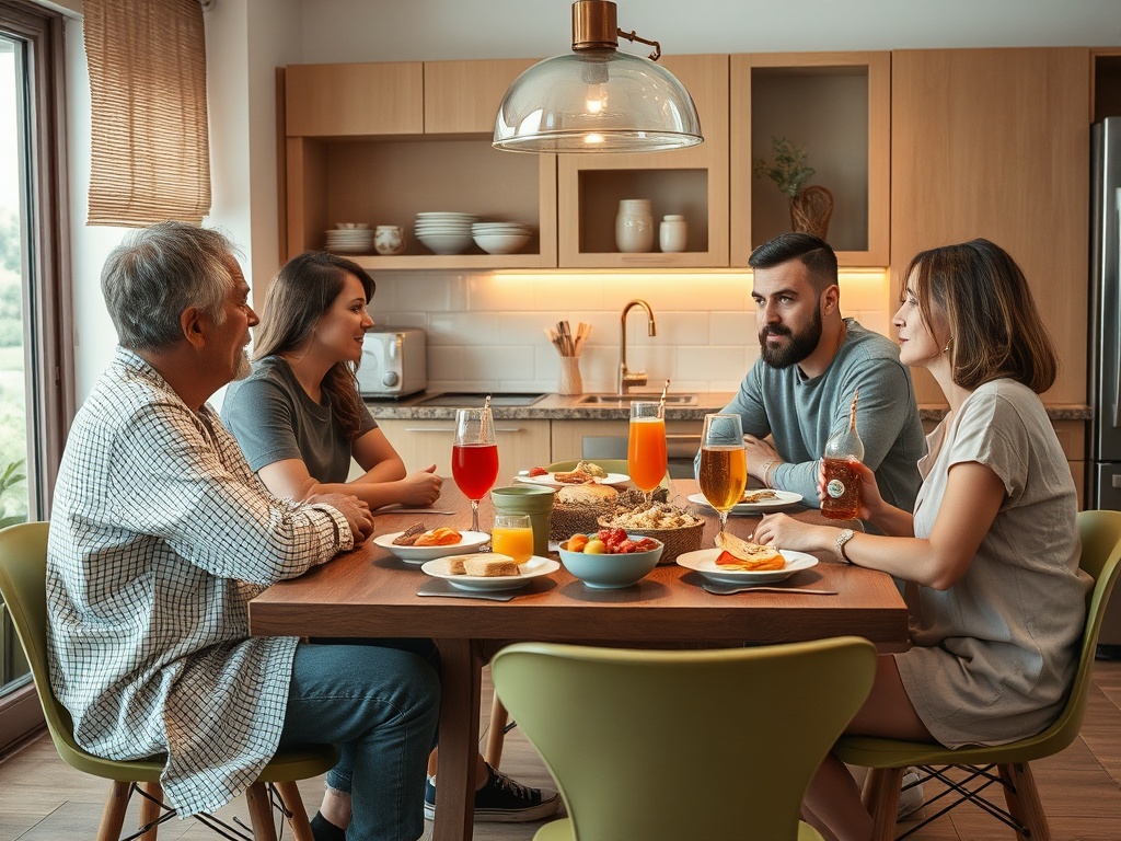 Четыре человека сидят за столом, наслаждаясь едой и напитками в уютной кухне. Собаки на полу.