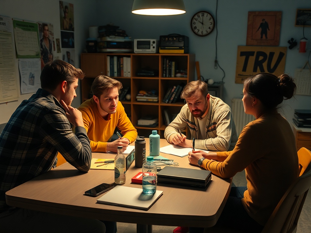 Четыре человека обсуждают что-то за столом, окруженные учебными материалами и офисной техникой.