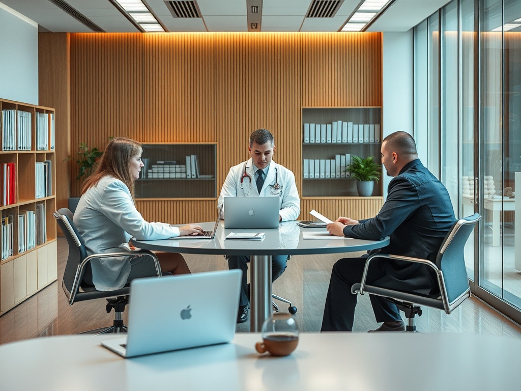 Врачи и пациенты обсуждают медицинские вопросы в современном офисе. Стол, ноутбук и документы.