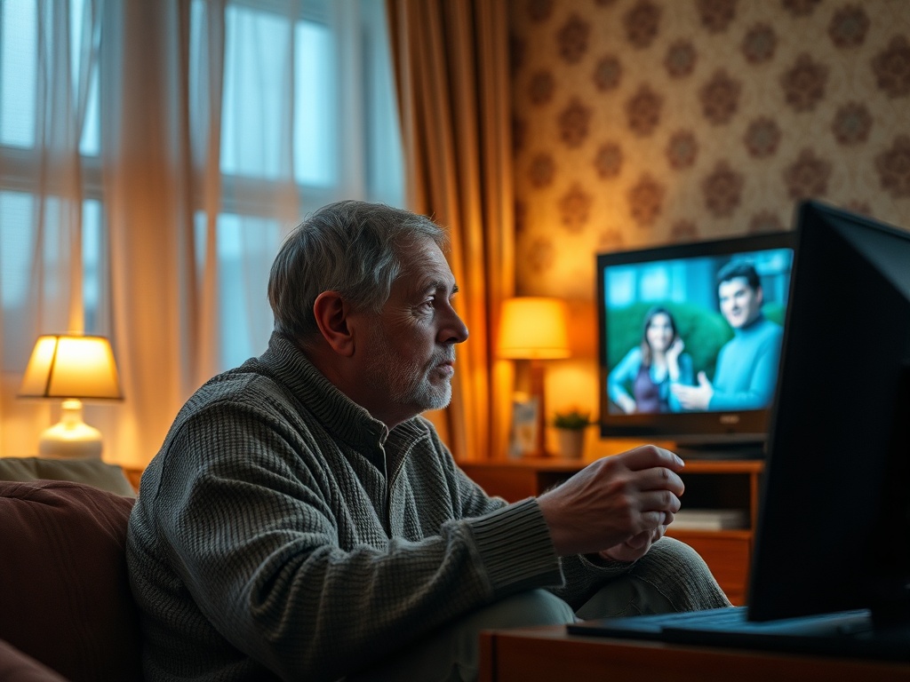 Пожилой человек смотрит телевизор в уютной комнате, освещённой тёплым светом лампы.