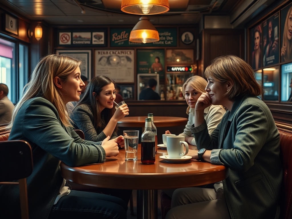 Четыре женщины беседуют за столиком в кафе, наслаждаясь напитками и яркой атмосферой вокруг.