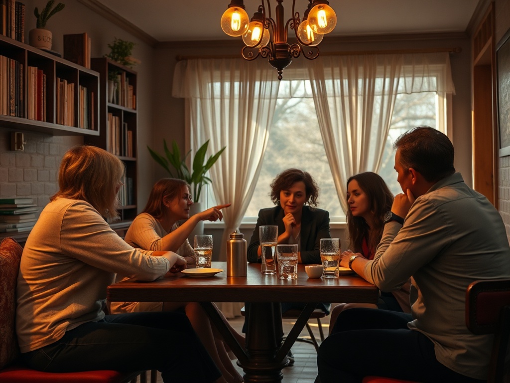 Группа людей обсуждает что-то за ужином в уютной обстановке с мягким светом.