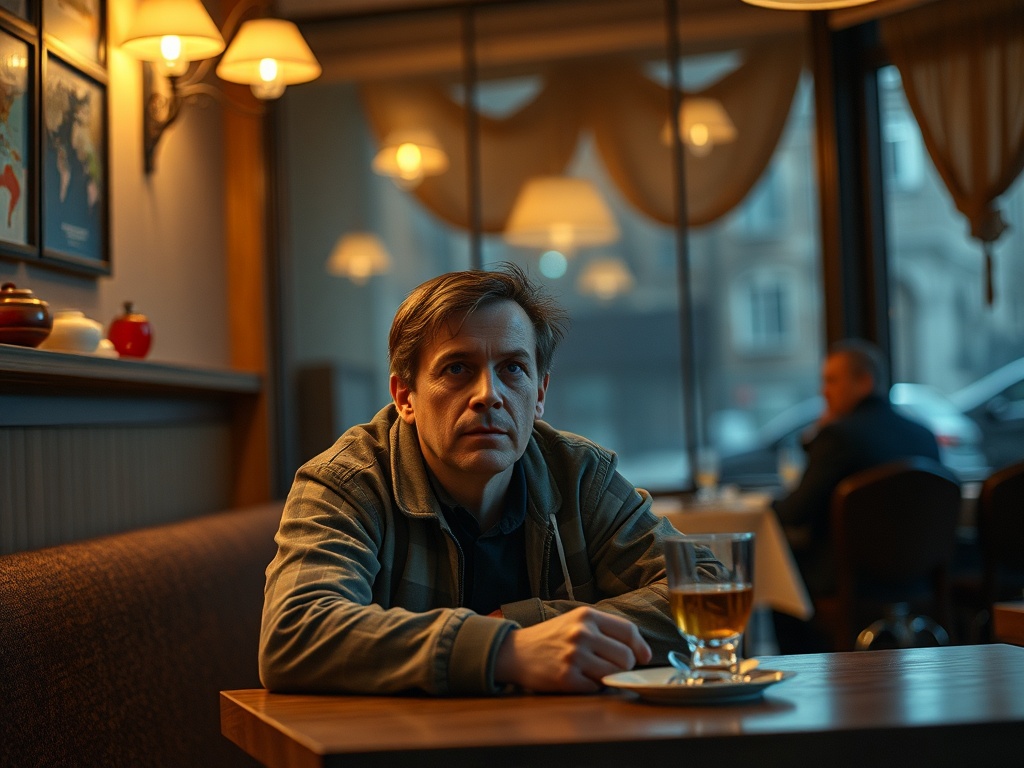 Мужчина сидит в кафе у окна, задумчиво смотрит перед собой, рядом чашка с чаем.