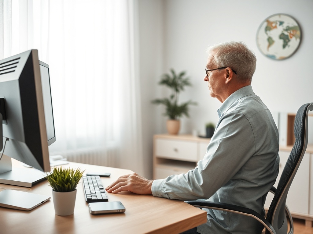 Пожилой мужчина сидит за столом с компьютером, работает в светлом офисе с зелеными растениями.