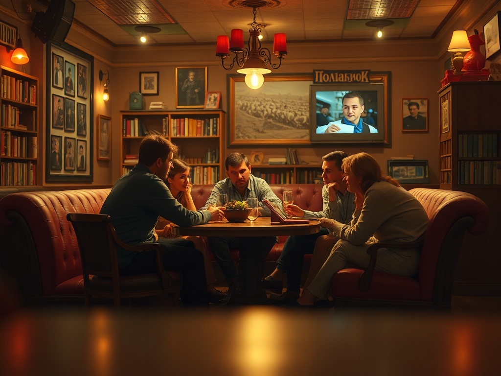 Группа людей за круглым столом в уютном кафе, обсуждающих что-то, на стенах висят картины и книги.