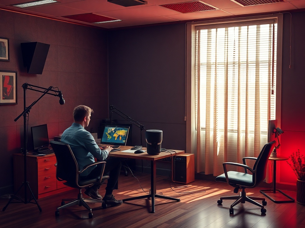 В уютном офисе мужчина работает за компьютером, рядом микрофоны и окно с жалюзи. Теплый свет создает атмосферу.