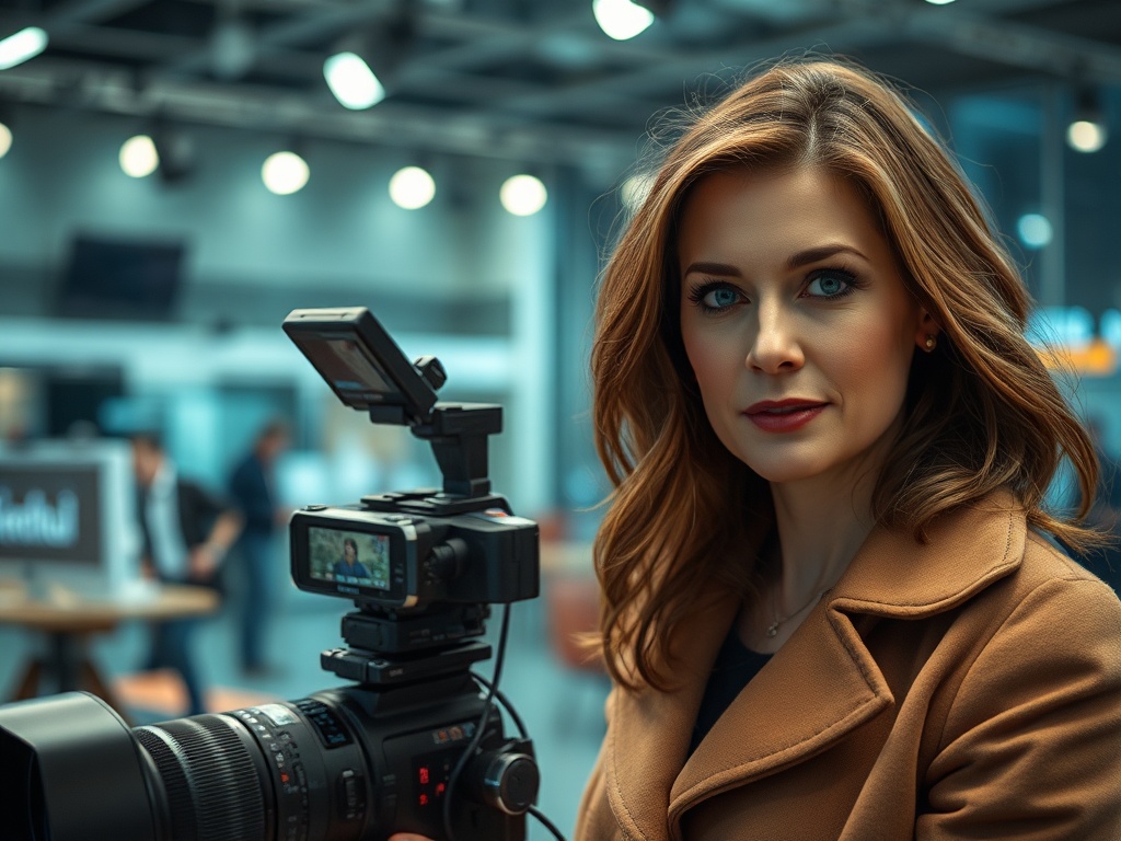 Женщина с длинными каштановыми волосами и камерой, фон с людьми и мягким освещением.