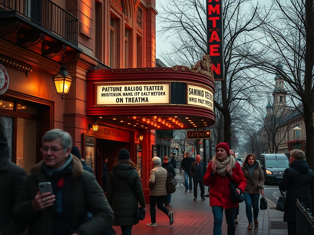 На улице толпа людей, в фокусе театр с яркой вывеской и вечерним освещением. Осень, прохладная погода.