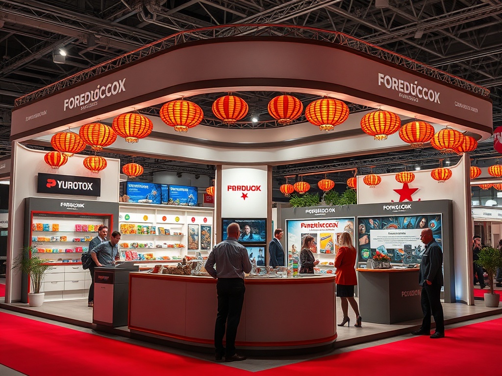 Выставочный стенд с красными фонарями и книжными полками, люди общаются и рассматривают товары.