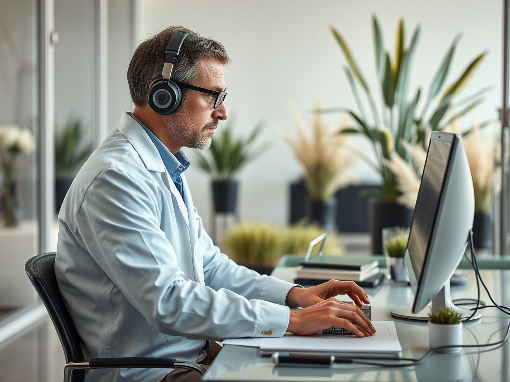 Человек в наушниках работает за компьютером в современном офисе с зелеными растениями вокруг.