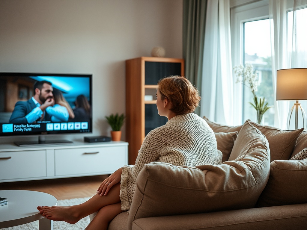 На изображении женщина смотрит телевизор в уютной комнате, завернувшись в плед.