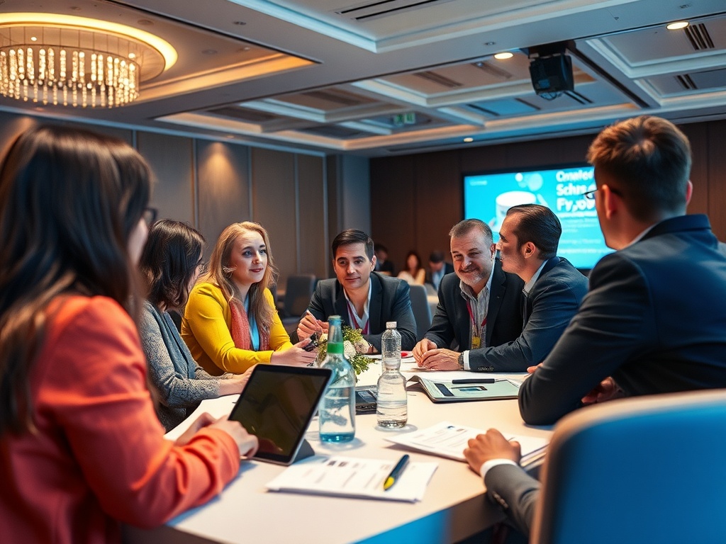 Группа людей обсуждает идеи на встрече в конференц-зале с экранами и документами на столе.