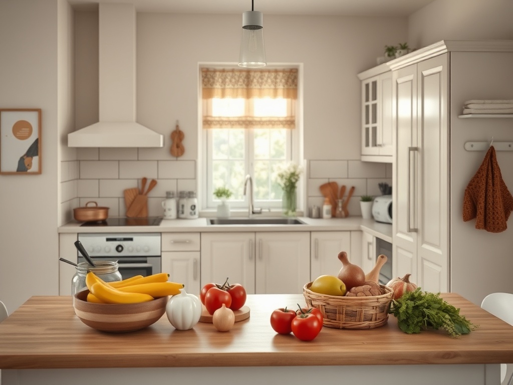 Современная кухня с деревянным столом, фруктами и овощами в корзине, светлое пространство и уютный интерьер.