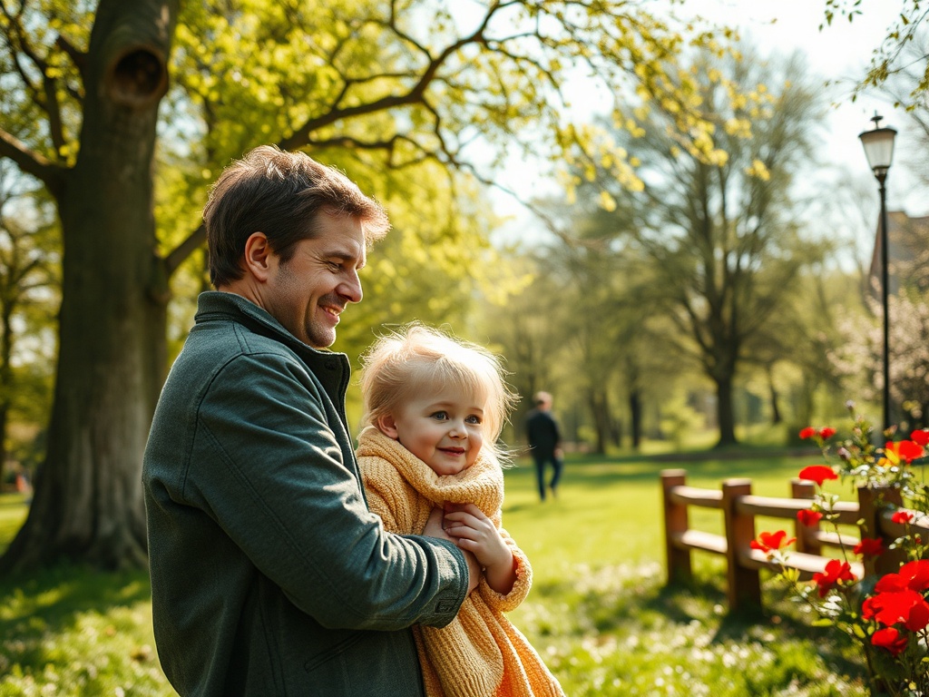 Отец с улыбающейся дочерью на руках стоит в парке среди зелени и цветов. Солнечный весенний день.