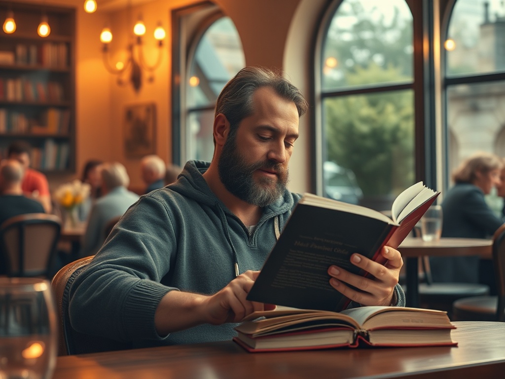 Мужчина в свитере читает книгу в кафе, вокруг него люди, интерьер уютный и светлый.