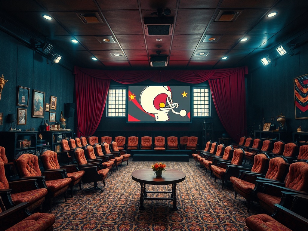 Зал для встреч с красными креслами и экраном, показывающим мультфильм с комичным персонажем.