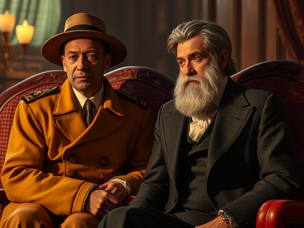 На изображении двое мужчин в костюмах, один в жёлтом пальто, другой с белой бородой, сидят в роскошном интерьере.