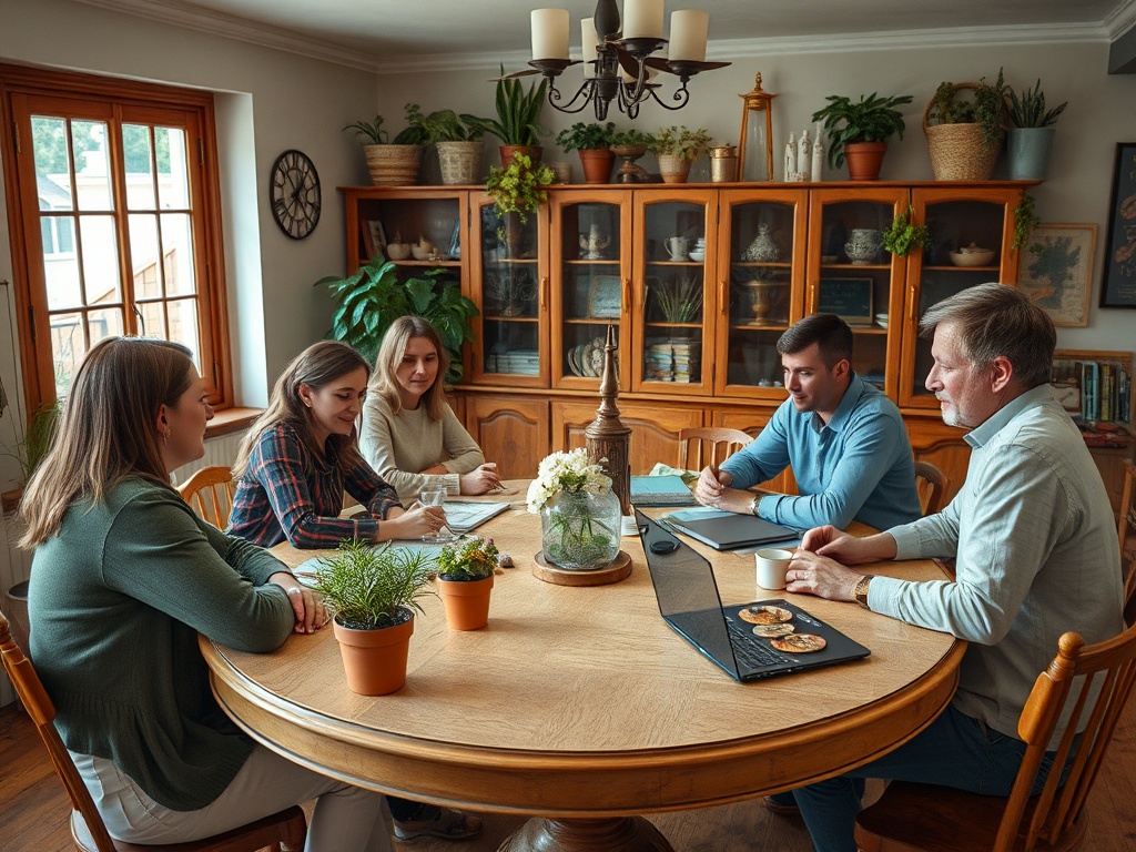 На собрании за круглым столом пять человек обсуждают идеи, рядом растения и ноутбук с печеньем.