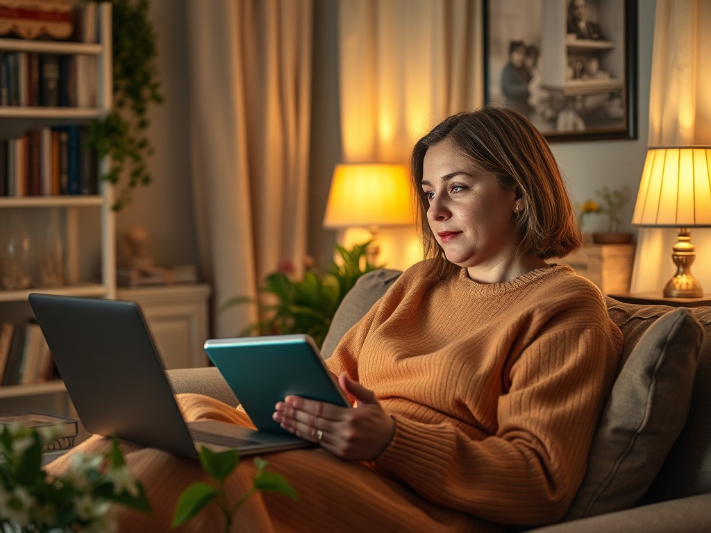 Женщина в уютной комнате сидит на диване с ноутбуком и планшетом, погруженная в свои мысли.