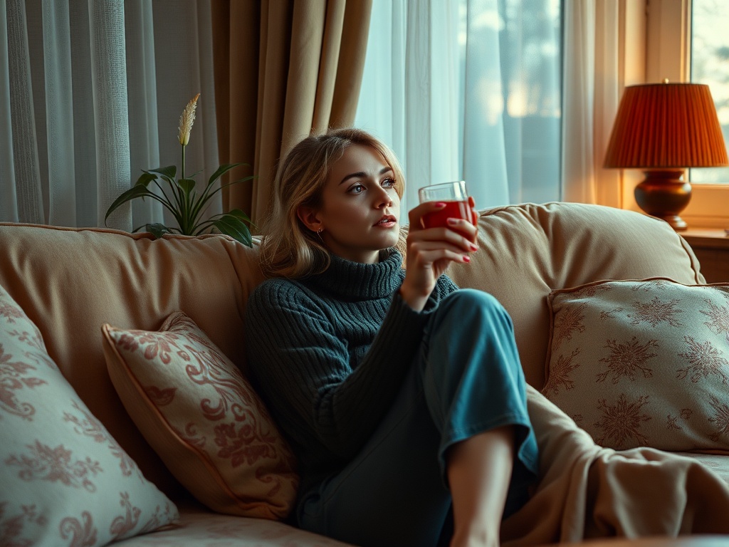 Девушка сидит на диване с напитком, смотря в окно, рядом растение и лампа. Атмосфера уюта и спокойствия.