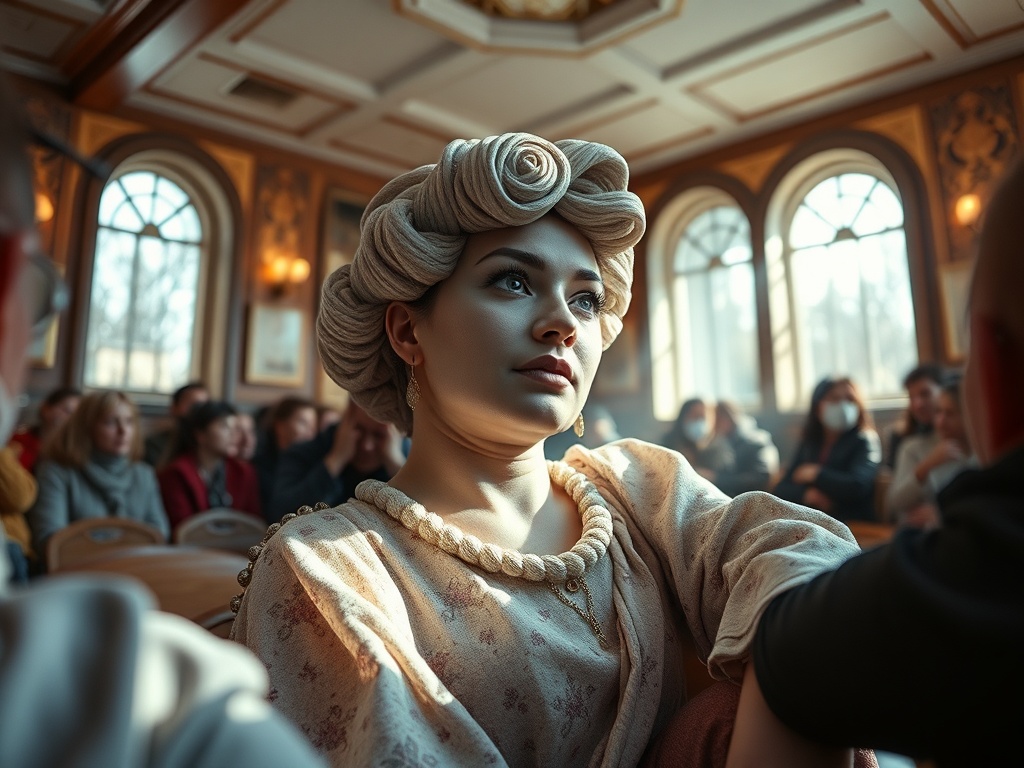 Женщина с элегантной прической и украшениями сидит на мероприятии, окружённая внимательной аудиторией.