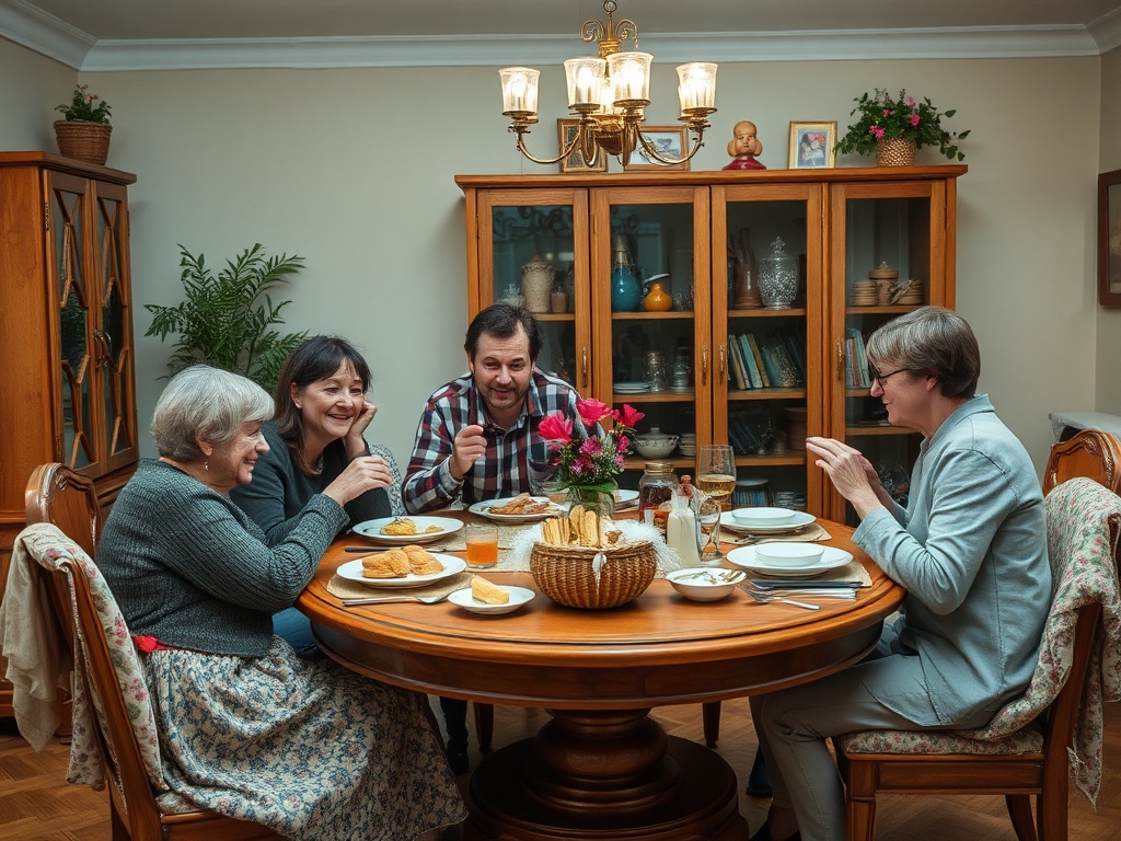 Семья за обеденным столом, беседуют и наслаждаются едой в уютной обстановке домашнего вечера.