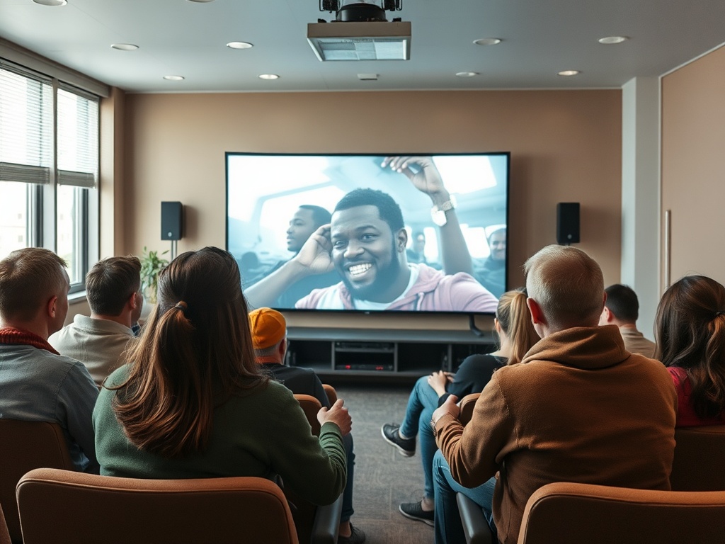 Группа людей смотрит фильм в уютном помещении с проектором и большим экраном. Все улыбаются и наслаждаются.