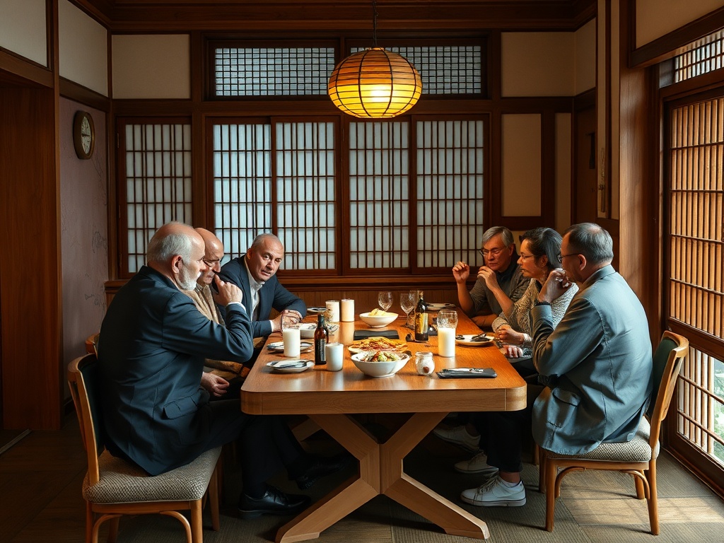 Группа людей за столом в уютном помещении ресторана, обсуждающих что-то за ужином.