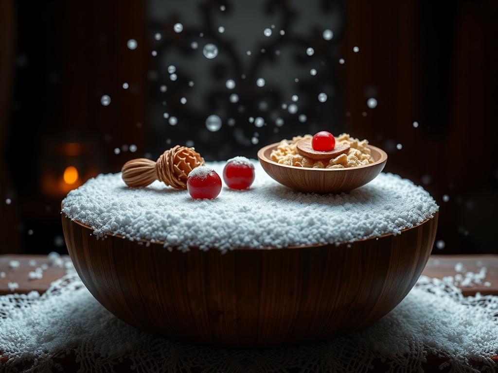 На деревянной тарелке снежный декор и сладости: красные ягоды и хрустящие вафли. Атмосфера праздника.