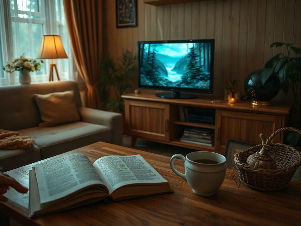 На столе открытая книга, чашка кофе и корзинка. В комнате уютная обстановка, на стене - телевизор с пейзажем.