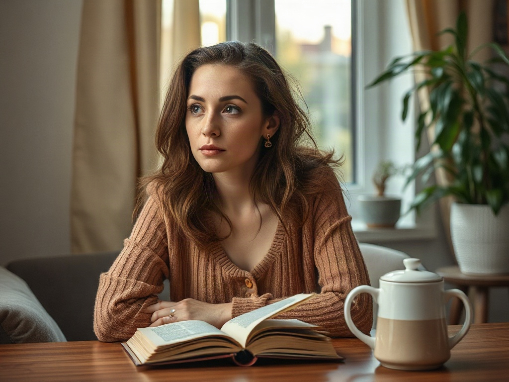 Молодая женщина сидит за столом с открытой книгой и смотрит в окно, рядом чайник и комнатные растения.